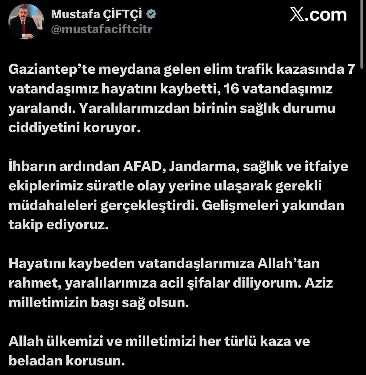 Bakan Çiftçi: '7 vatandaşımız hayatını kaybetti, 16 vatandaşımız yaralandı'