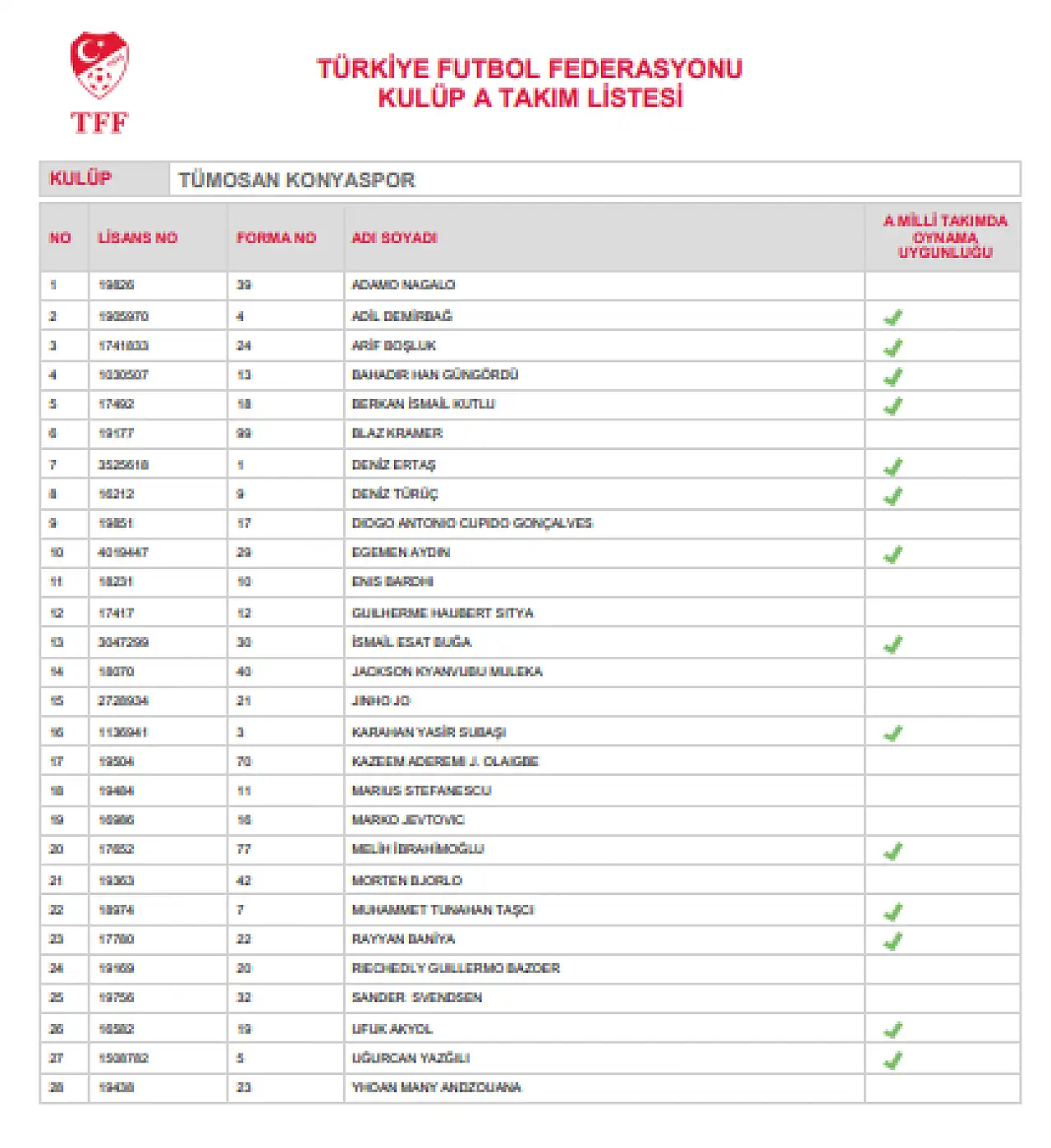 Konyaspor, futbolcu listesini TFF'ye bildirdi