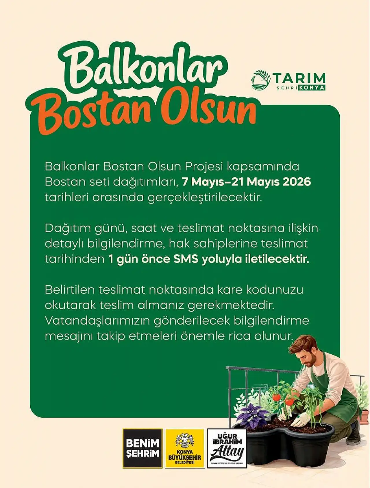 Konya'da 'Balkonlar Bostan Olsun' projesinde dağıtım yerleri belli oldu!