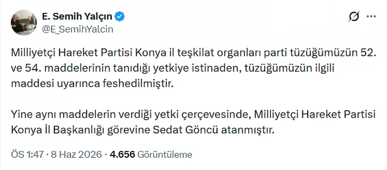 Konya'daki siyasi partinin başkanlığında beklenmedik değişim! Önce fesih sonra atama!