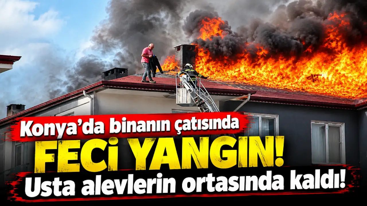 Konya'da binanın çatısında feci yangın! Usta alevlerin ortasında kaldı!