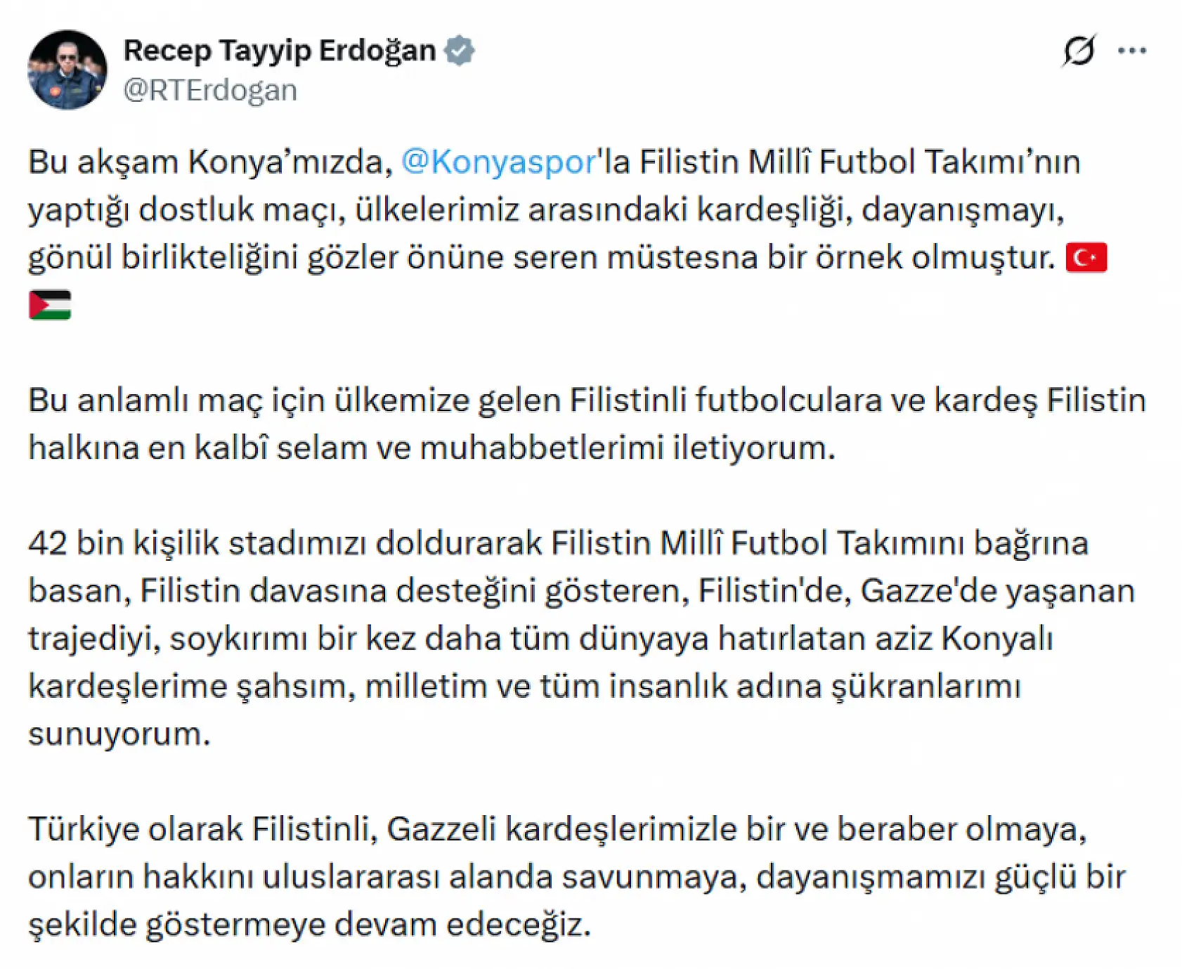Cumhurbaşkanı Erdoğan'dan Konya'ya teşekkür! Filistin için tek yürek oldular