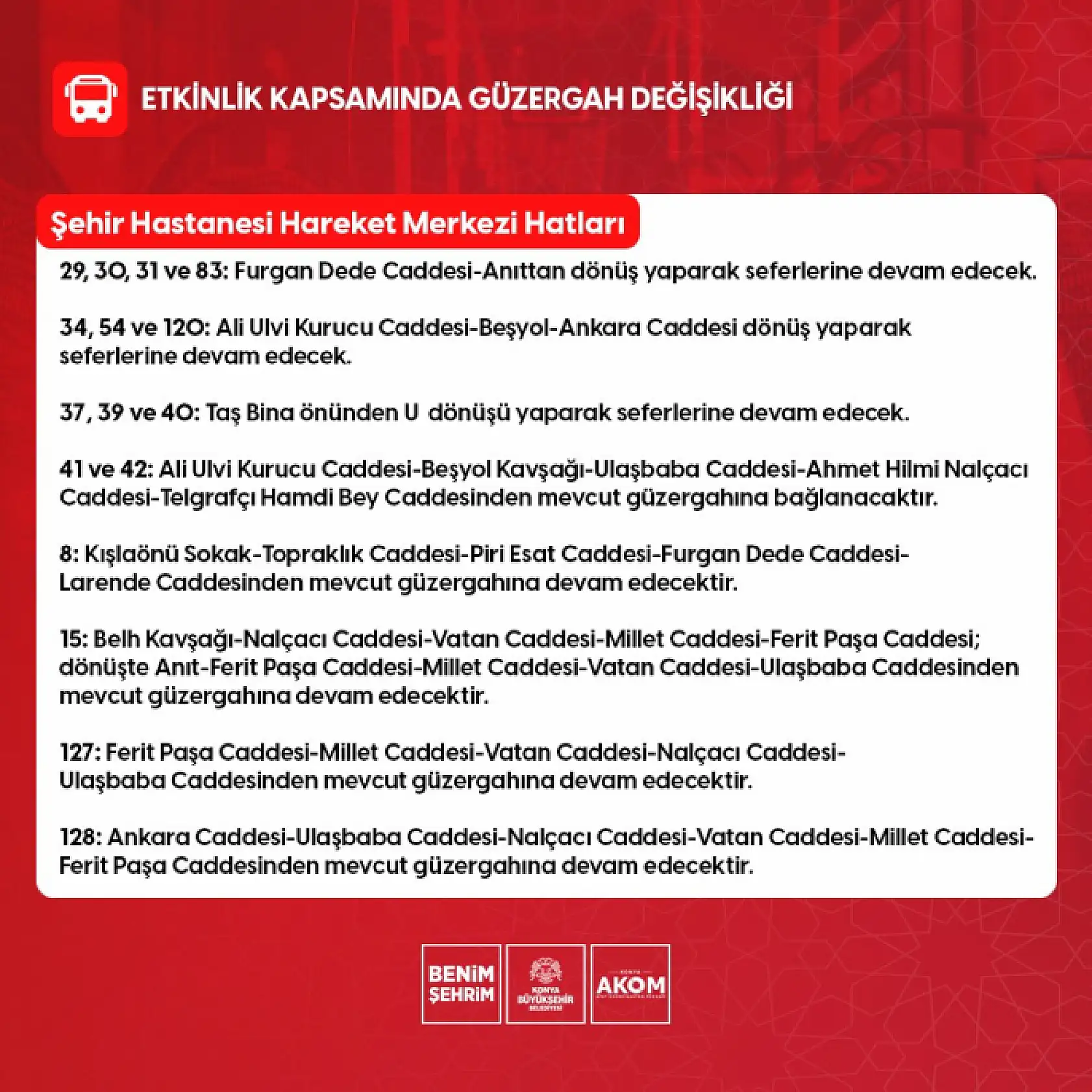 Konya'da 66 otobüs hattının güzergahı değişiyor! Bu tarih ve saatlere dikkat...