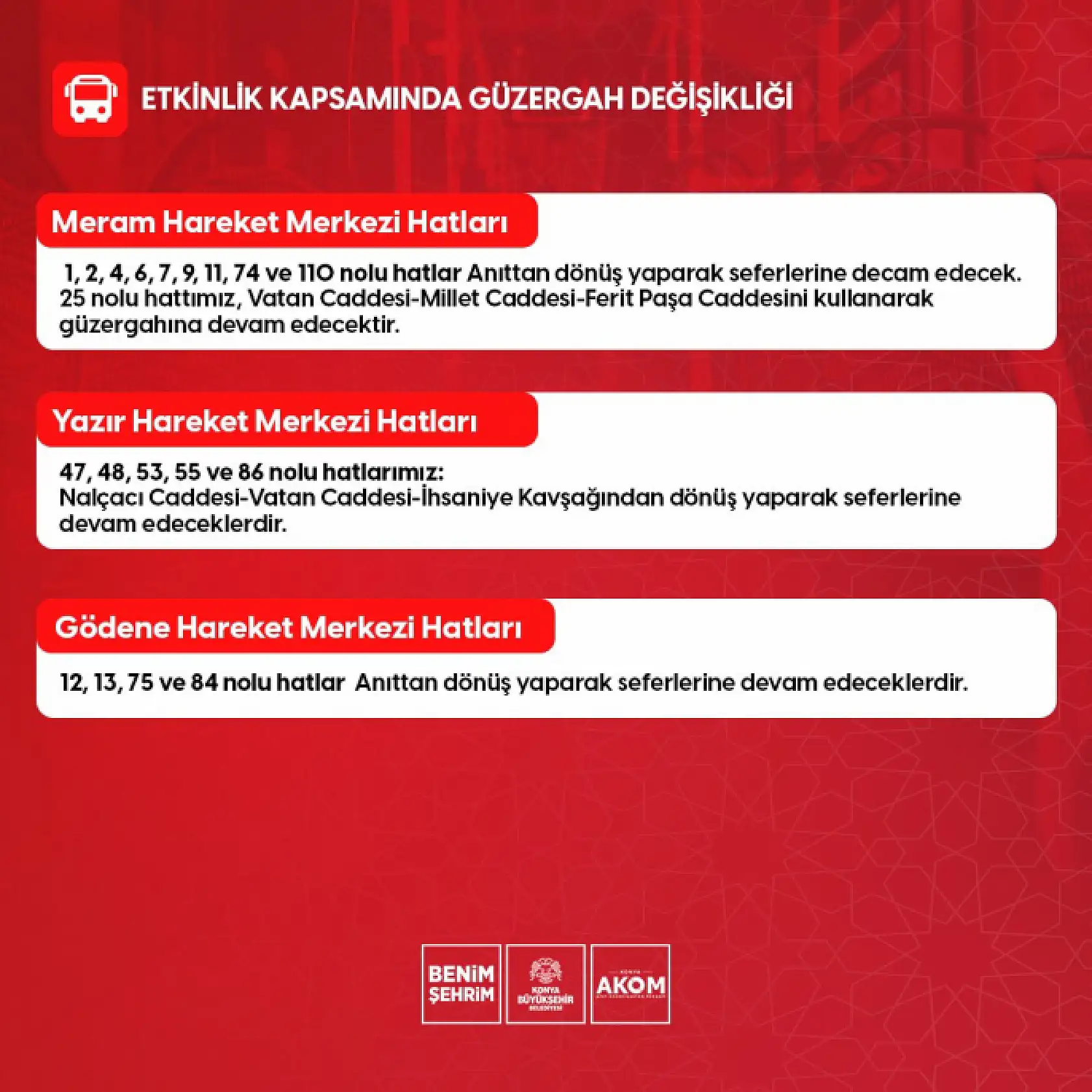 Konya'da 66 otobüs hattının güzergahı değişiyor! Bu tarih ve saatlere dikkat...