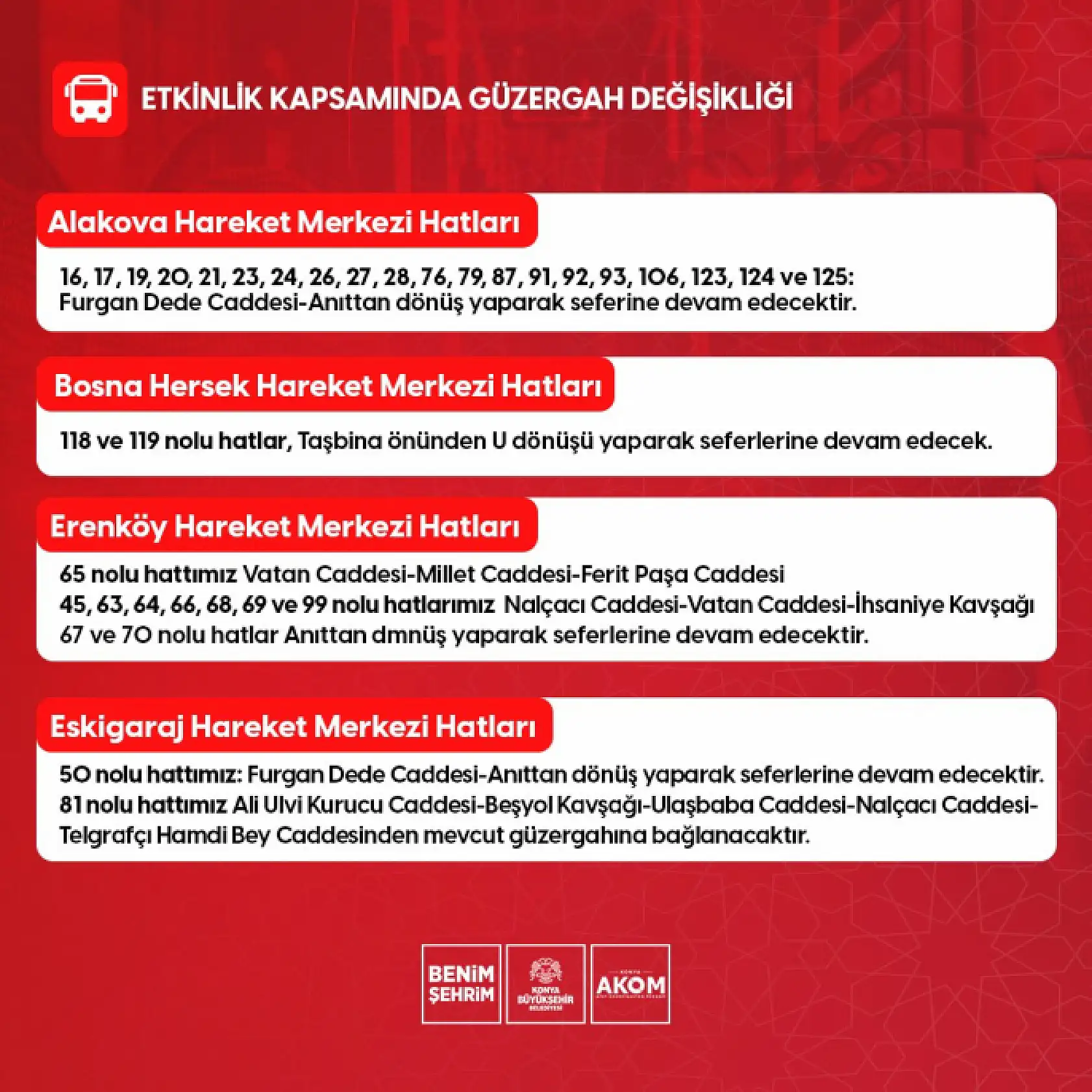 Konya'da 66 otobüs hattının güzergahı değişiyor! Bu tarih ve saatlere dikkat...