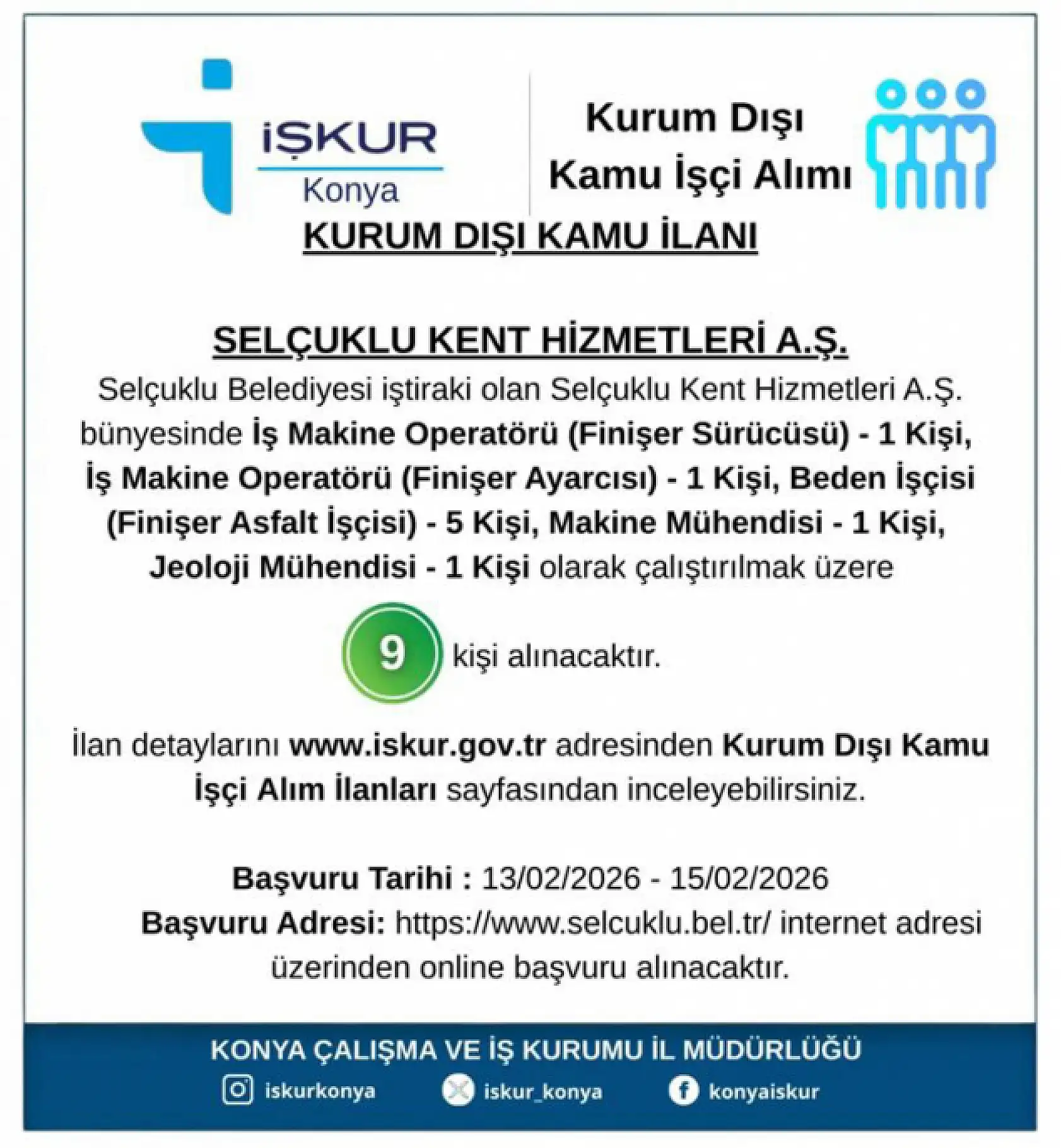 Selçuklu Belediyesi personel alımı yapacak: Başvurular başladı!