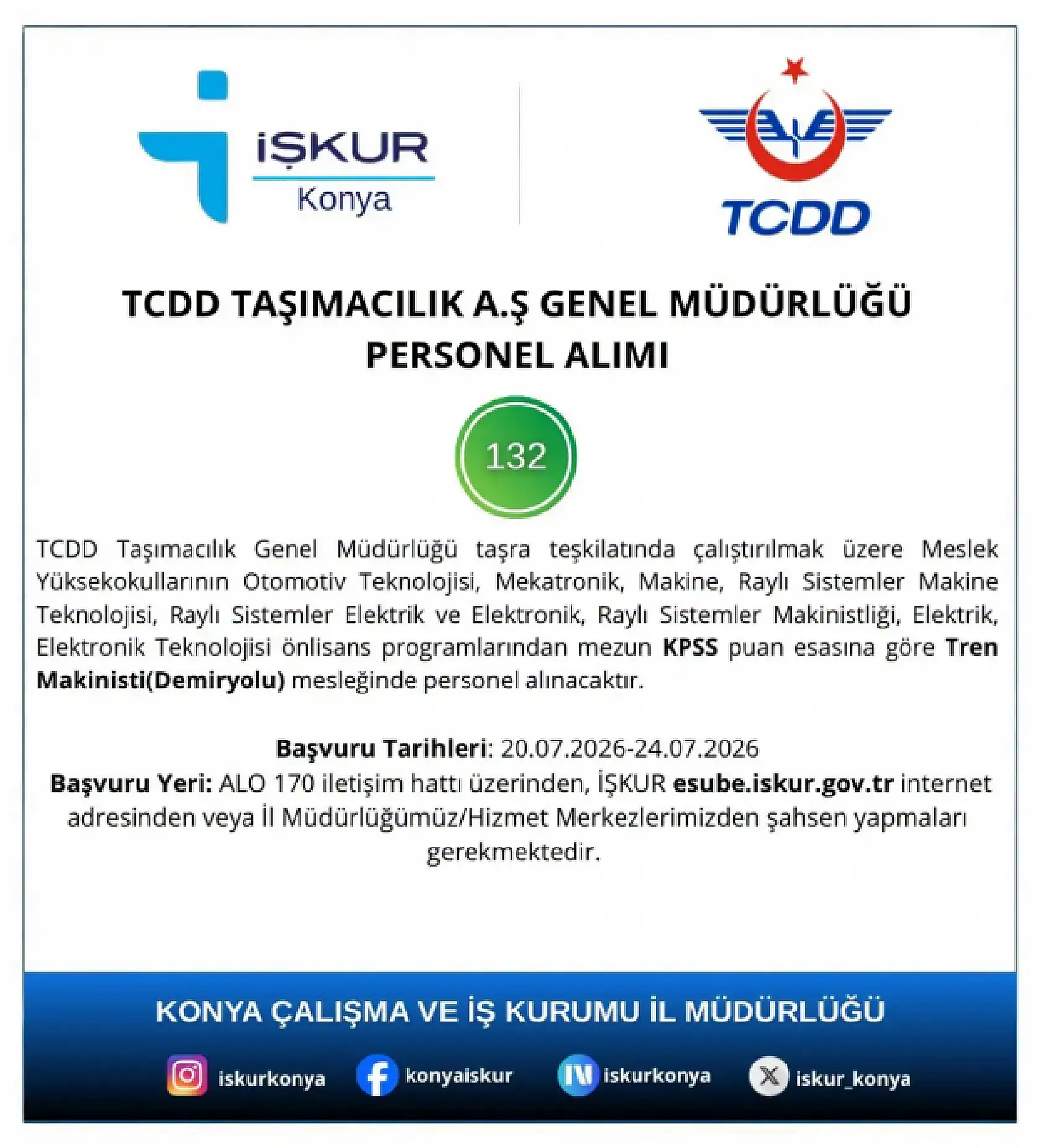 Konya'da TCDD'ye 132 personel alınacak! Başvurular başladı