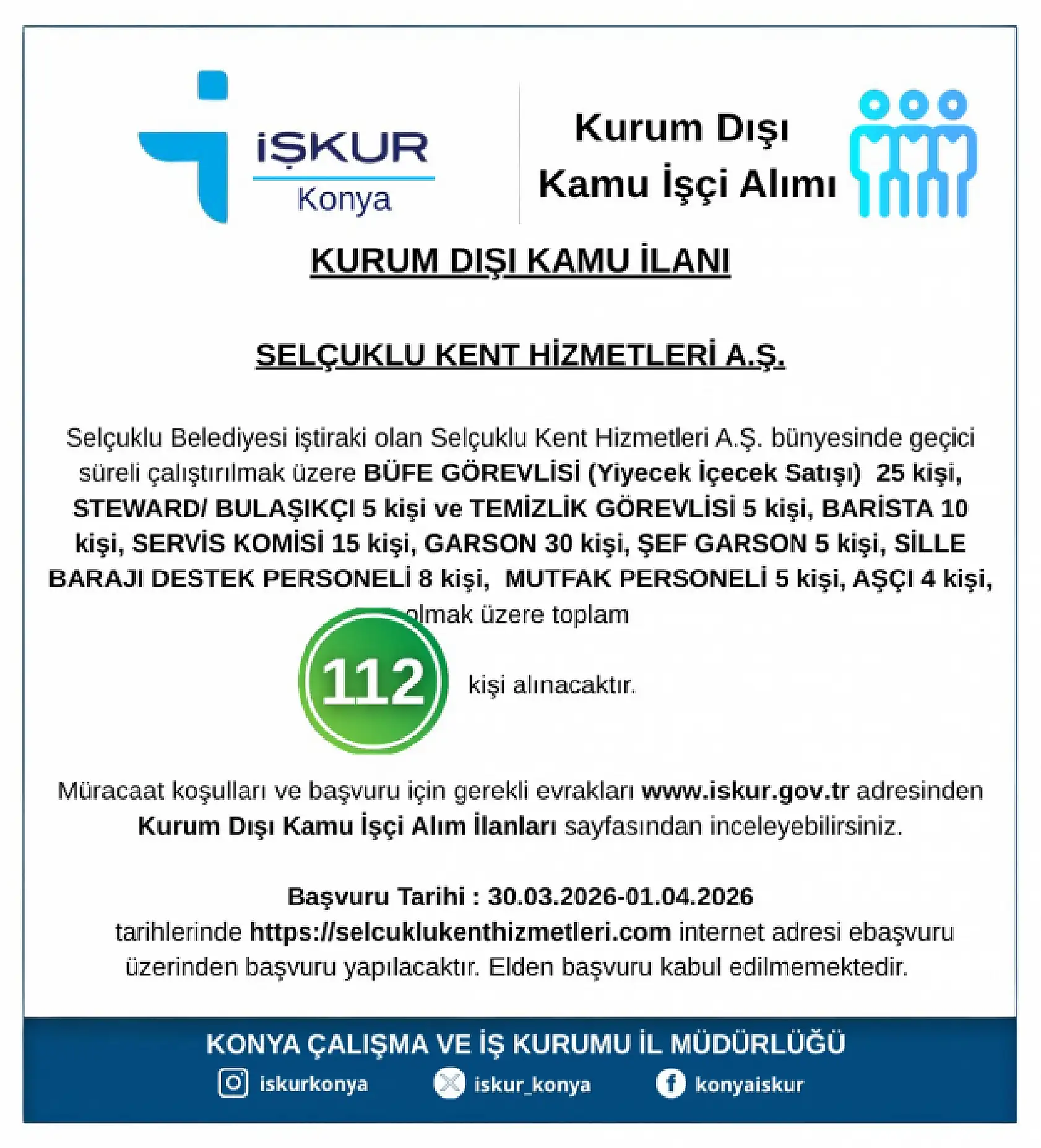 Konya'da iş arayanlar müjde: Selçuklu Belediyesi 112 personel alacak!