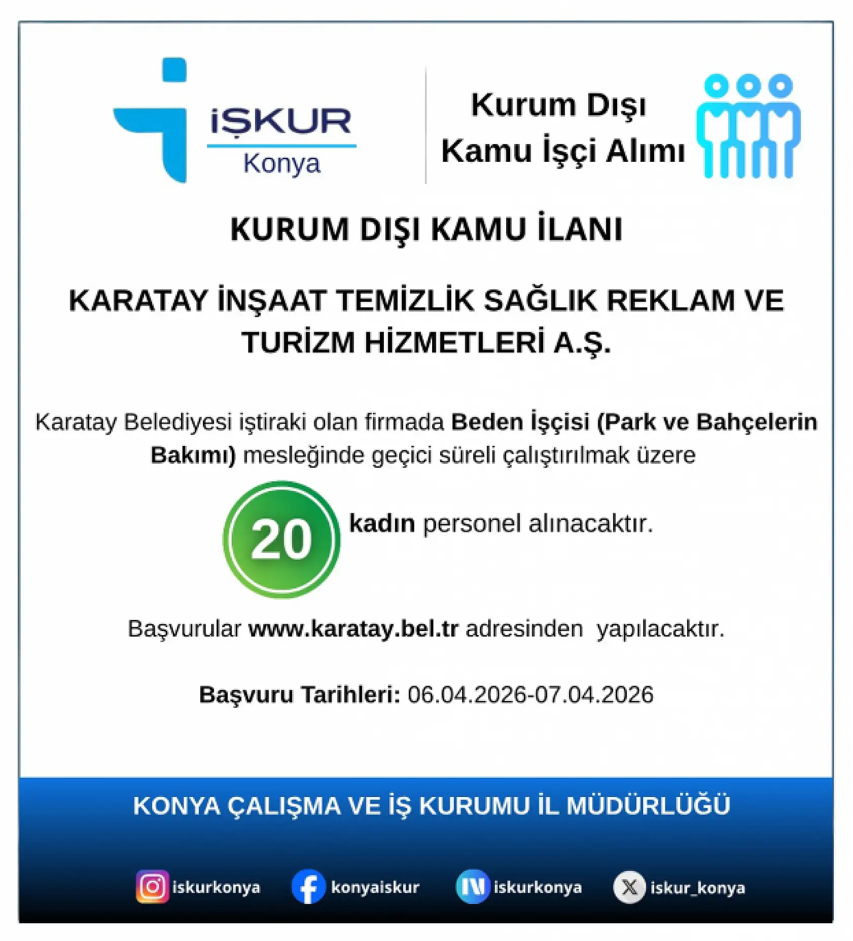 Karatay Belediyesi 20 personel alacak: Başvurular başladı!