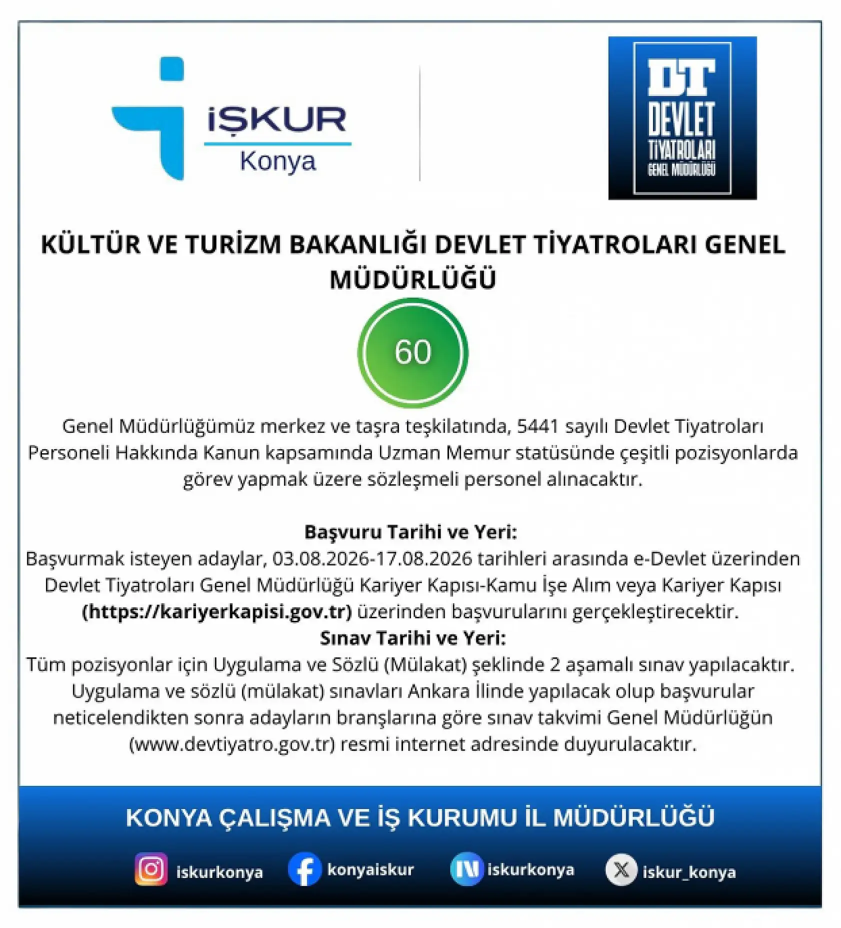 Devlet Tiyatroları 100 personel alacak! Konya'da listede...