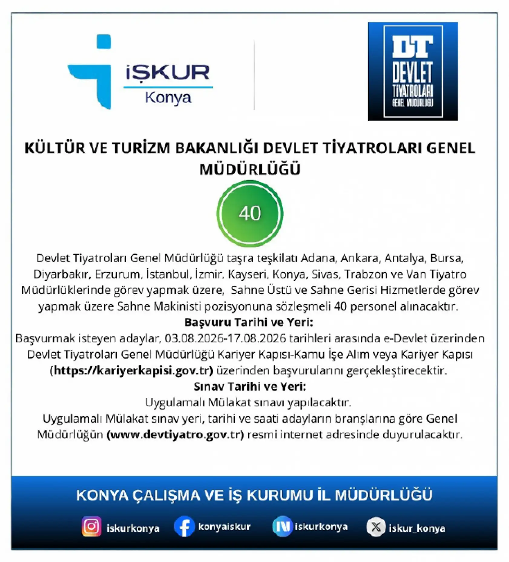 Devlet Tiyatroları 100 personel alacak! Konya'da listede...