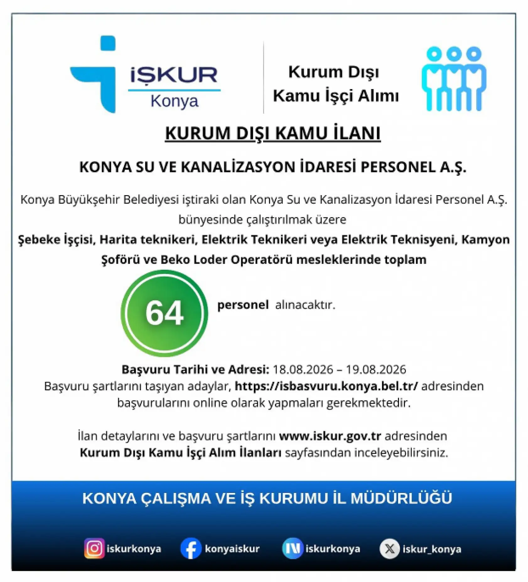 KOSKİ, Konya'nın 18 ilçesinde personel alacak! İşte ilçe ilçe kontenjan dağılımı!