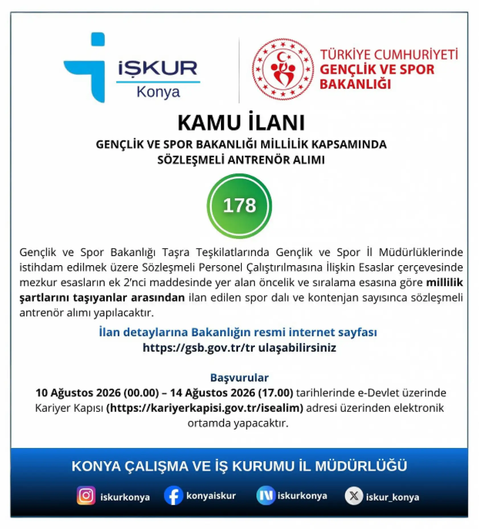 GSB 1200 sözleşmeli personel alacak! Konya kontenjanı belli oldu!