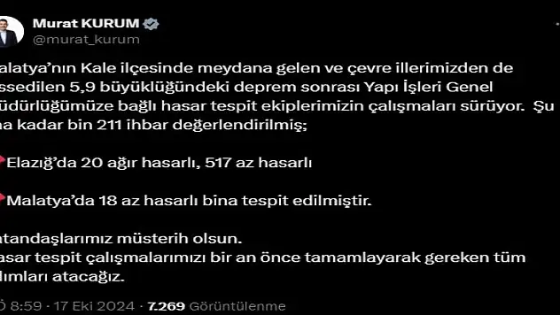Bakan Kurum: Vatandaşlarımız müsterih olsun, gereken adımları atacağız!