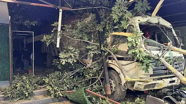 Kontrolden çıkan demir yüklü kamyon restoranın bahçesine uçtu: 2 yaralı