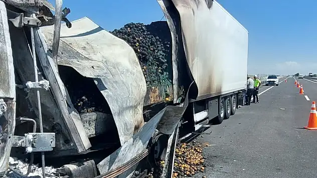 Konya'da seyir halindeki sebze yüklü tır yandı
