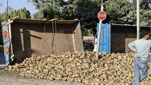 Şeker pancarı yüklü traktör devrildi